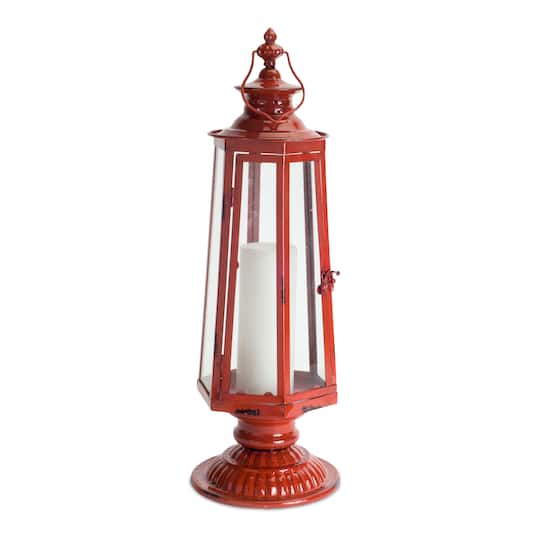 24&#x27;&#x27; Red Metal &#x26; Glass Lantern